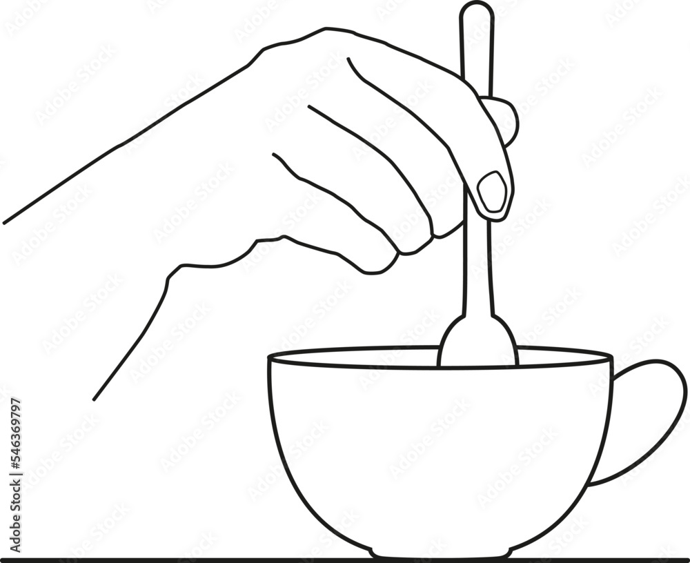 illustration in outline style. Coffee cup hand stirs tea or coffee with a spoon. illustration in outline style. Coffee cup hand stirs tea or coffee with a spoon.