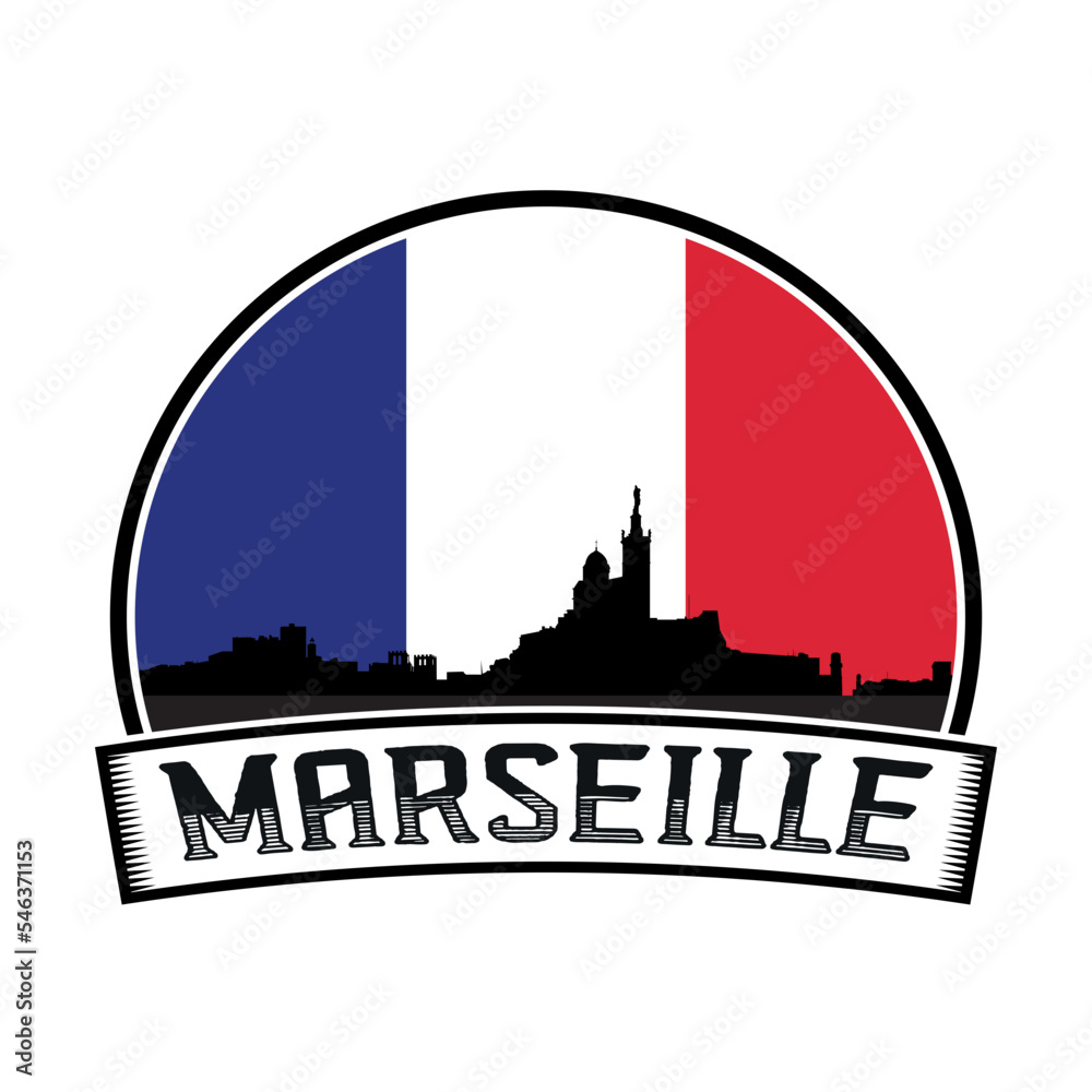 Marseille France Skyline Sunset Travel Souvenir Sticker Logo Badge Stamp Emblem Coat of Arms Vector Illustration SVG