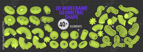  Big set of 3d wireframe geometric shape. Flat vector illustration with frame retro figures, cyberpunk elements, brutalism forms, y2k. Concept acid trendy elements.
