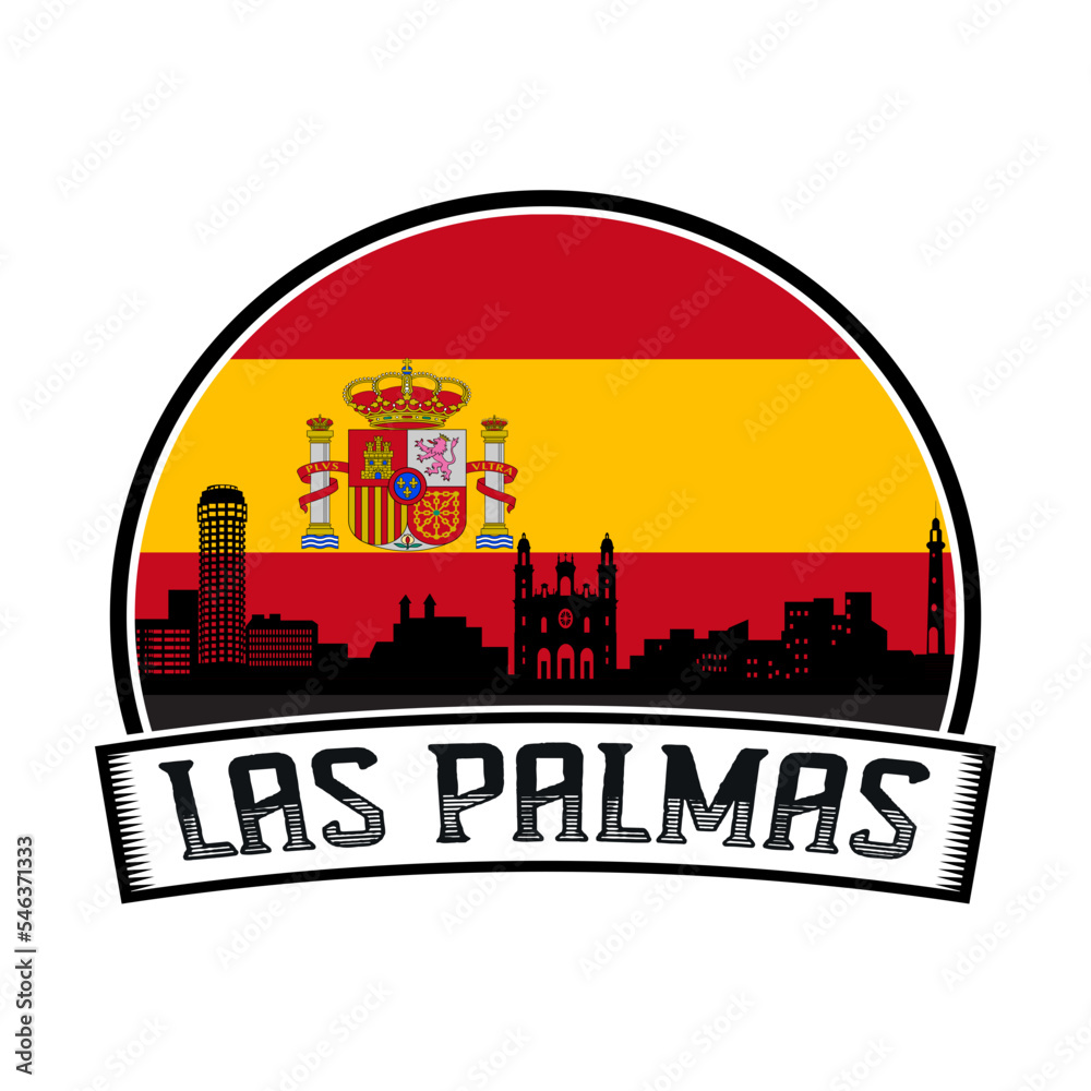 Las Palmas Spain Skyline Sunset Travel Souvenir Sticker Logo Badge Stamp Emblem Coat of Arms Vector Illustration SVG