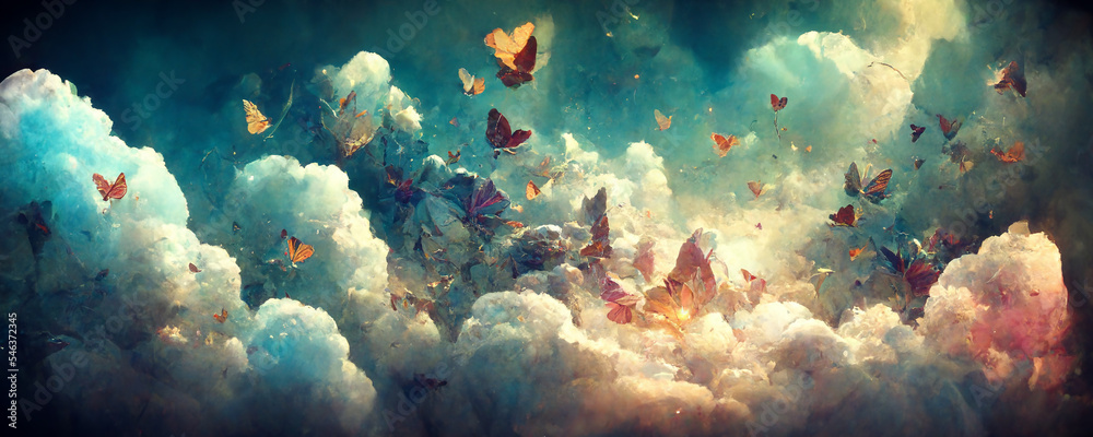 Science fantasy clouds become butterflies of mythological legend background.large stunningly beautiful fairy wings Fantasy abstract paint 3d render.