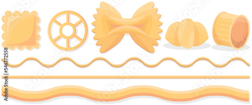 Pasta set. Italian traditional macaroni cartoon illustration icon, rotelle, spaghetti, vermicelli. Flour products for food blog or menu design. Dry ingredient, kitchen and cooking theme, restaurant