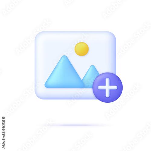 3D Picture with add button. Plus sign. Add image in gallery. Picture, jpg file, photo icon. Gallery icon.
