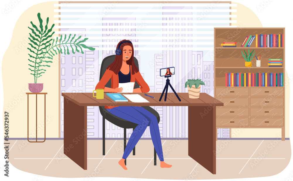 Podcaster woman character in office room interior. Girl listening audio podcast and speaking at live streaming use smartphone and laptop on her vlog. Podcaster making, blogger, technology concept