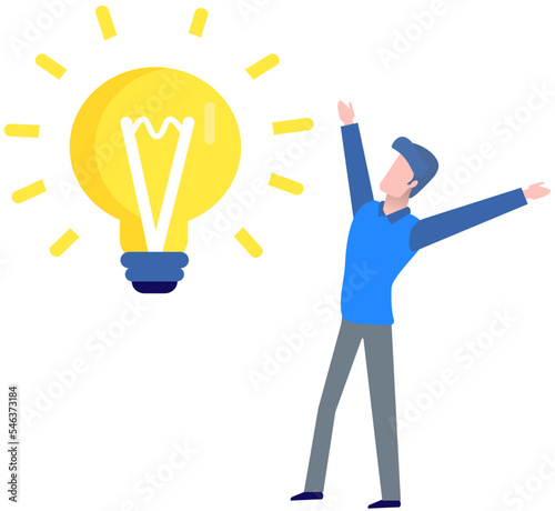 Man creates idea of new project, planning startup. Person rejoices in his invention holding hands up, light bulb isolated on white as symbol of creative idea, new solution. Business technology design