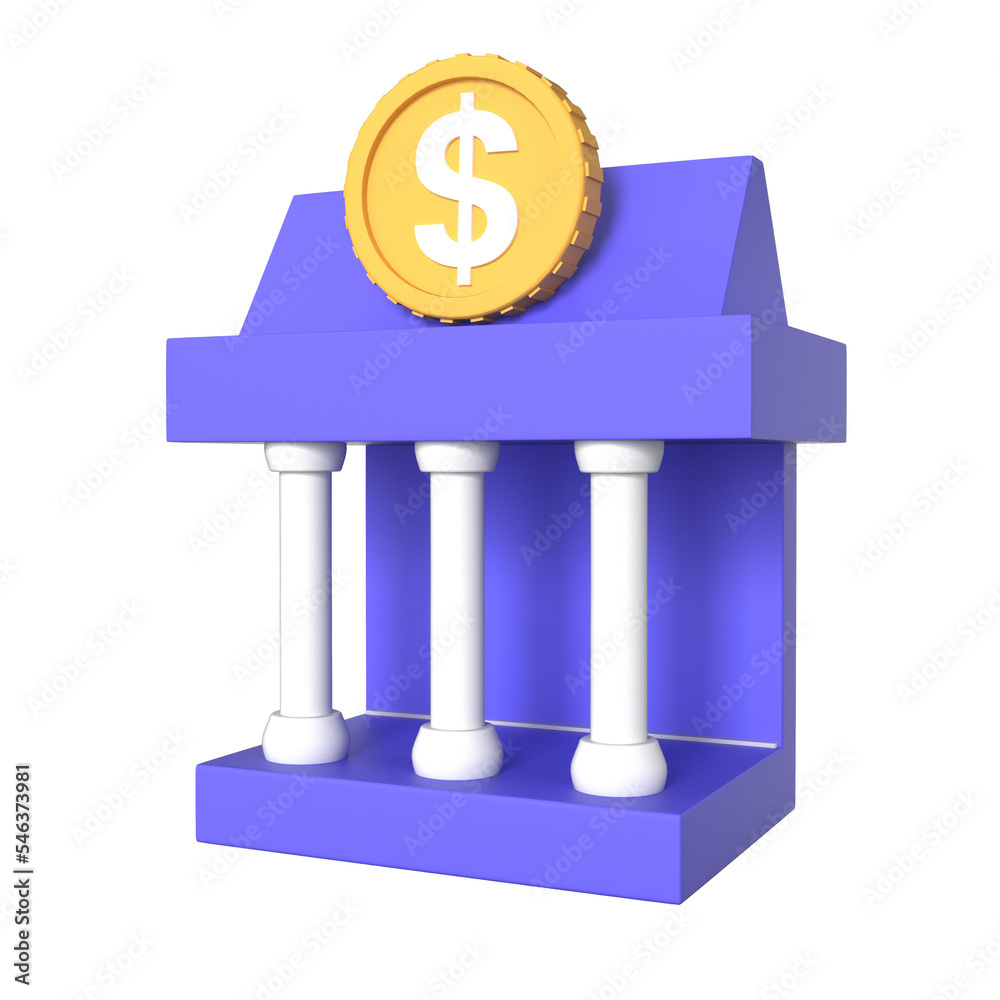 Bank building with dollar coin 3d rendering icon illustration Bank building with dollar coin 3d rendering icon illustration