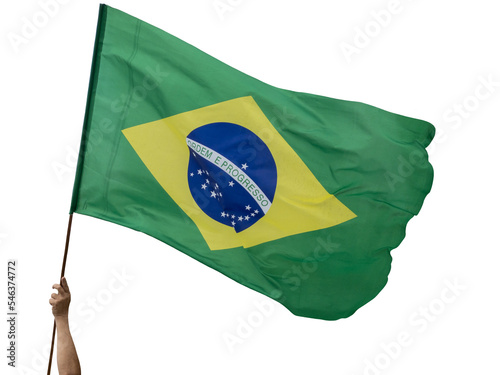 Person holding a Brazilian flag, in a cropped photograph, green yellow, blue and white, and written ORDER E PROGRESSO in Portuguese and cut out.
