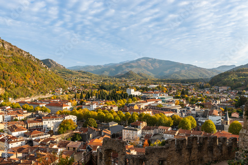 Panorama of Foix and the Pyrenees, from the feudal castle of Foix, in Ariège, Occitanie, France