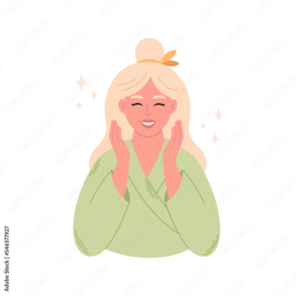 Woman after skin care procedures. Treatment for wrinkles, pimples. Spa procedures at home. Hand drawn vector illustration Woman after skin care procedures. Treatment for wrinkles, pimples. Spa procedures at home. Hand drawn vector illustration