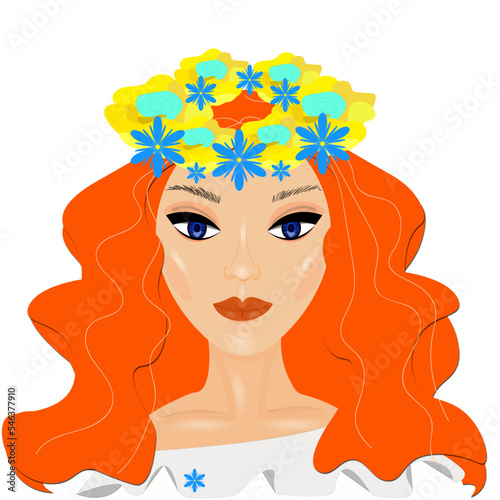 Red-haired girl with blue hair and a wreath on her head