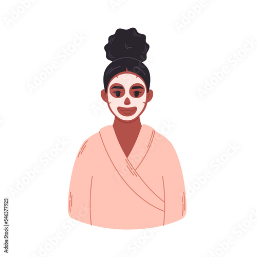 Black woman with organic cosmetic mask on face. Skin care, treatment for wrinkles, pimples. Hand drawn vector illustration