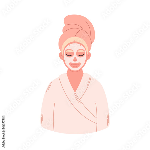 Woman with organic cosmetic mask on face. Skin care, treatment for wrinkles, pimples. Hand drawn vector illustration