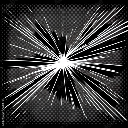 Abstract comic book flash explosion radial lines on transparent background. 2r illustrated illustration superhero design. Bright black light strip burst. Flash ray blast glow. Speed lines Manga frame photo