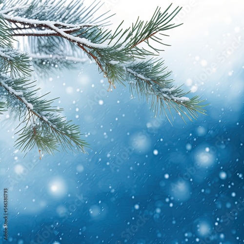 Winter background, falling snow on pine tree branches copy space