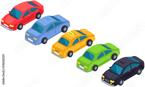 Transport while driving on roadway. Set of colorful automobiles, vehicles isolated on white background. Moving around city by car, road traffic concept. Passenger cars and auto of taxi service