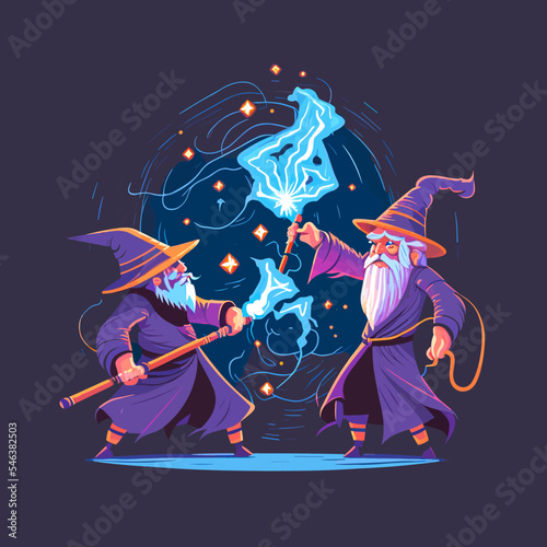 Vector of two wizards fighting each other with magic spells