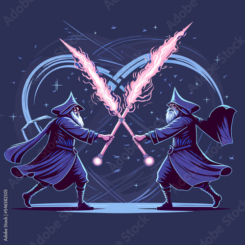 Vector of two wizards fighting each other with magic spells