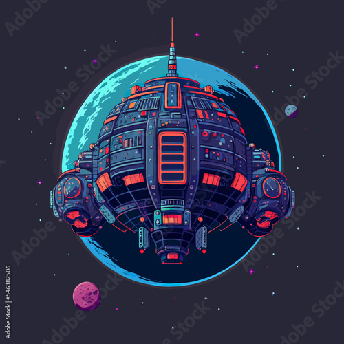 Vector of a futuristic spaceship hovering over a planet