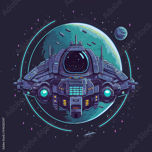 Vector of a futuristic spaceship hovering over a planet