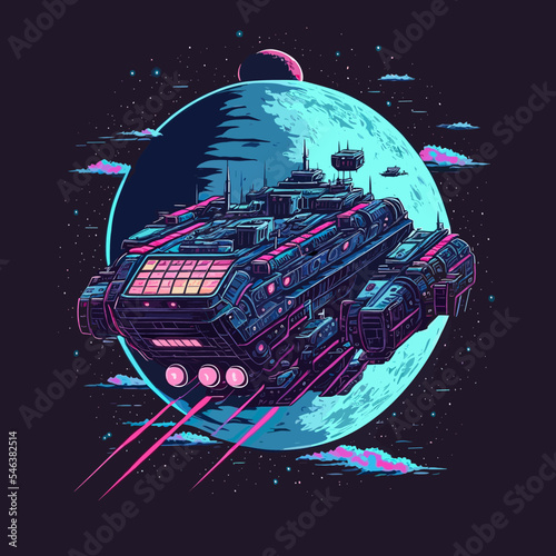 Vector of a futuristic spaceship hovering over a planet