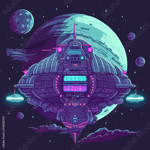 Vector of a futuristic spaceship hovering over a planet