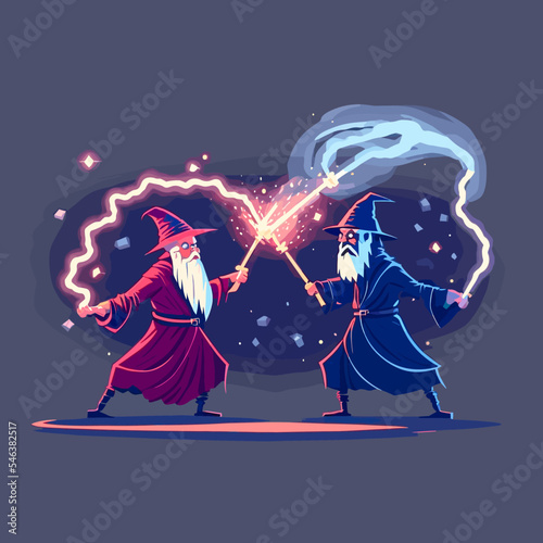 Vector of two wizards fighting each other with magic spells