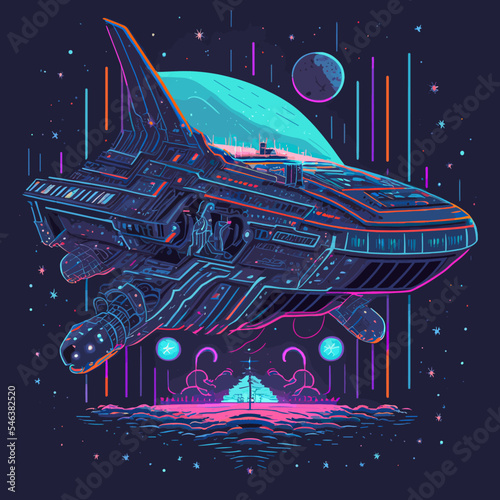 Vector of a futuristic spaceship hovering over a planet