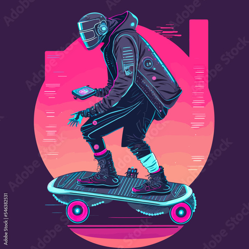 Vector of a a futuristic cyberpunk hipster on a hover board