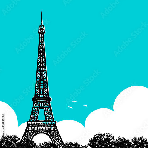 Fototapeta Naklejka Na Ścianę i Meble -  Silhouette of the eiffel tower in paris. Blue sky and cloud. A beautiful city in France. Design for logo, postcard, banner, poster and sign. Vector color art retro illustration. Hand drawn sketch