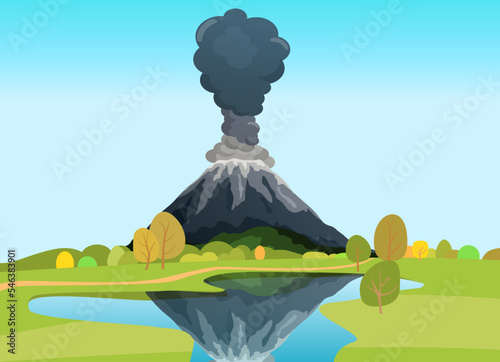 Mountains landscape of flora of natural area. Mountainside in autumn season. Outdoor recreation place with volcanic view. Erupting rock pinnacle volcano on island. Beautiful scenery of nature