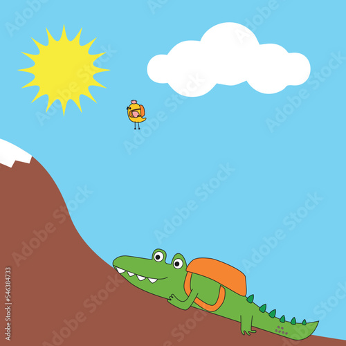 Crocodile and Bird on the Mountain Illustration