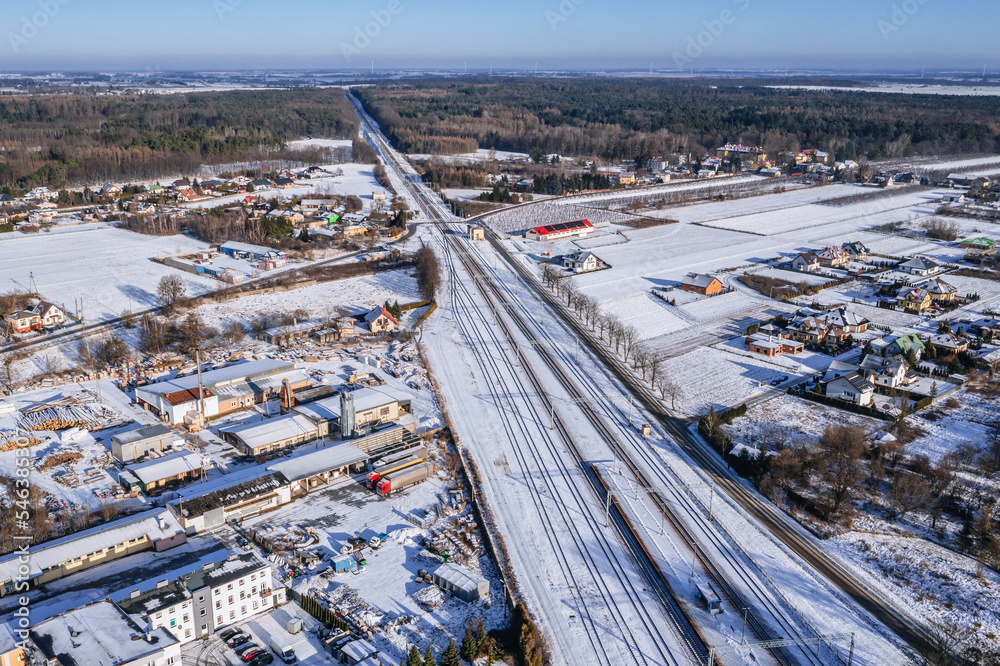 Aerial drone photo of railway tracks in Rogow village, Poland