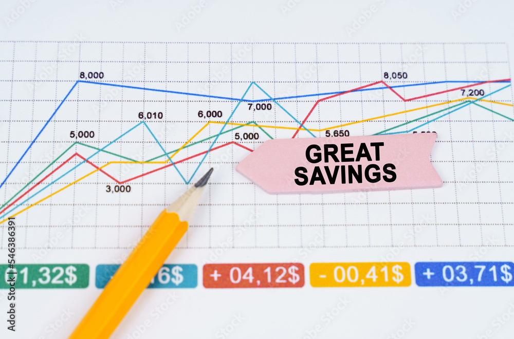 On business charts there is a pencil and an arrow sticker with the inscription - Great Savings On business charts there is a pencil and an arrow sticker with the inscription - Great Savings