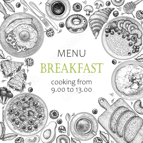 Vector template of breakfast menu in engraving style. Bacon and eggs, pan tomatoes, pancakes, oatmeal with fruits and berries, fruit cornflakes, bread, sandwiches, croissant, coffee, cutlery