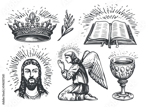 Praying angel, Portrait face Jesus Christ, Holy Grail, Open Bible book, Heavenly crown, Olive branch. Religion symbols