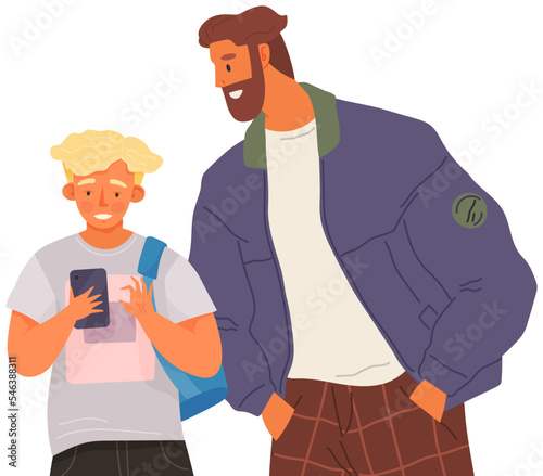 Dad checking sons phone, controls his communication and violates personal space, father and son are using smartphones and smiling while spending time together at home. Concept Fatherhood child-rearing