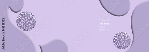 Digital Lavender Color of the Year 2023. Abstract futuristic fluid background over lavender pastel. Text Color of the year 2023 Digital Lavender. Minimalist design. 3D illustration