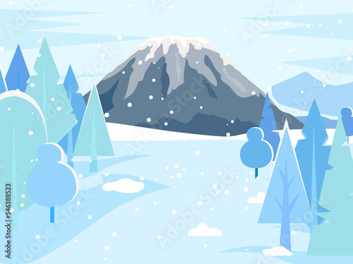 Mountain landscape, abstract winter panoramic view. Snowy mountainside forest background. View of rock or volcano covered with snow. Beautiful scenery of winter mountains vector illustration