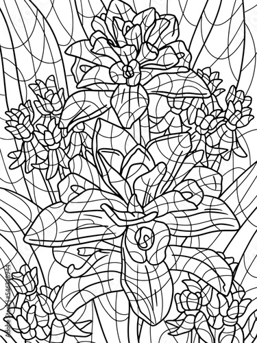 Coloring bouquet exotic flowers hand drawn illustration. Freehand sketch for adult antistress coloring page with doodle and zentangle elements.