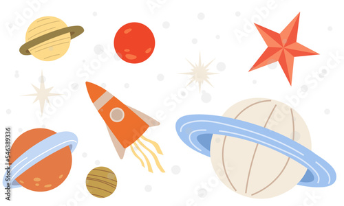 Rocket and planets on blue background. Spaceship flying among celestial objects and stars. Cute astronomical shapes, cosmic design elements. Sky landscape with flying rocket and heavenly bodies