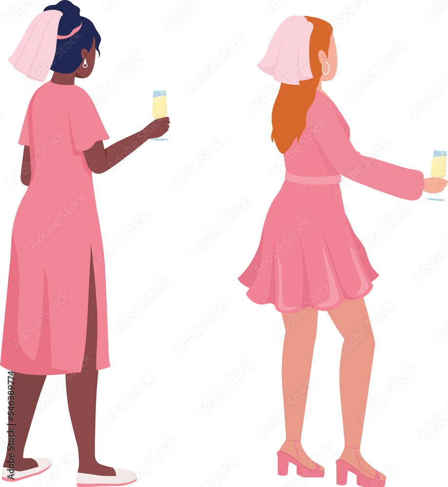 Ladies in pink semi flat color raster characters set. Standing figures. Full body people on white. Festive celebration simple cartoon style illustration for web graphic design and animation pack