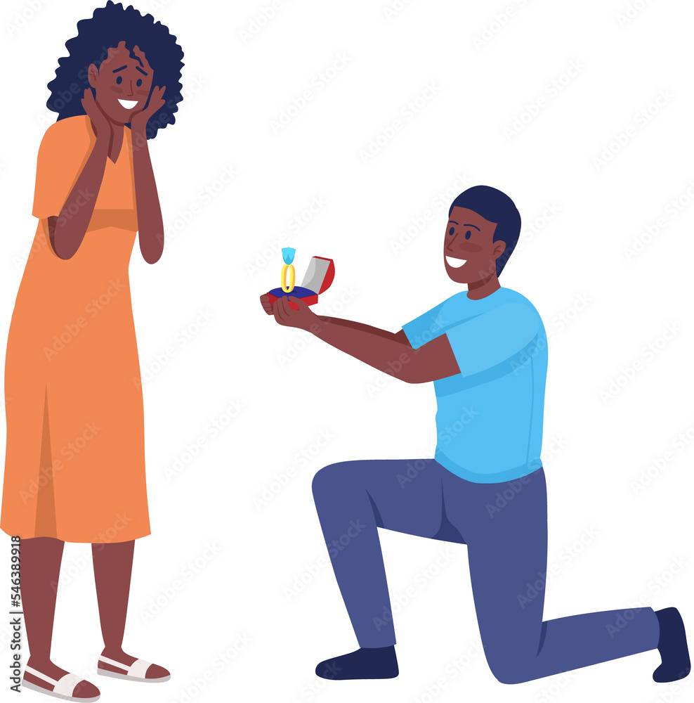 Man proposing to his beloved semi flat color raster characters. Posing figures. Full body people on white. Engagement simple cartoon style illustration for web graphic design and animation