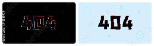 Black and bright 404 error page templates. Glitch style vector design.