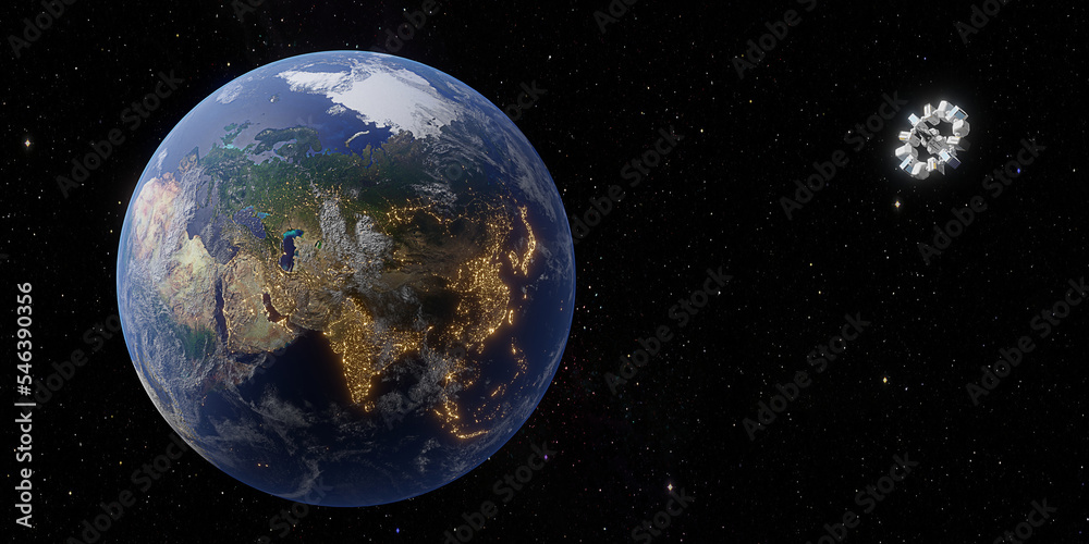 Space station Floating in earth orbit 3d illustration