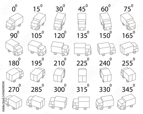 A set of 24 trucks from different angles. Rotation of the truck in outline by 15 degrees for animation.  