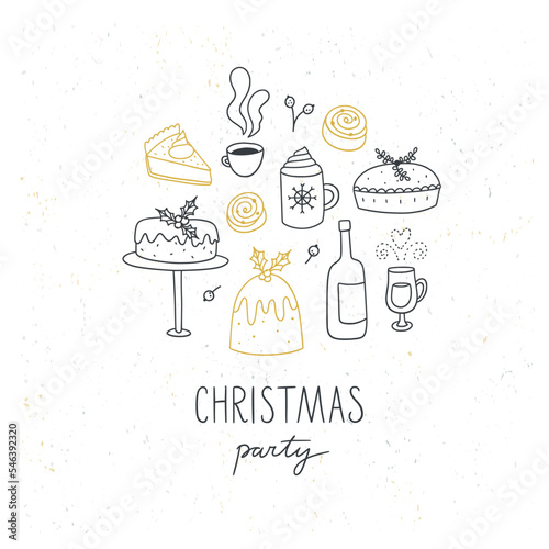 Christmas food clipart. Cute Christmas doodle with pudding, cake, sweet desserts, hot wine