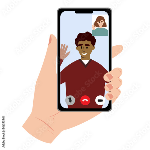A human hand holding a smartphone. Young man and a woman are talking on video. Friends waving by hand from telephone screen. Flat vector illustration.