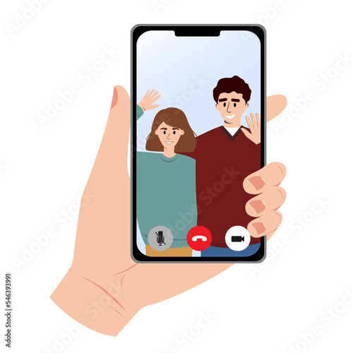 Young couple are having video call using the smartphone. Human hand hold device and connect online communication.Vector flat illustration.