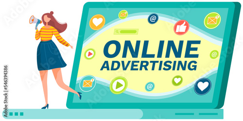 Product presentation to customers promotion concept. Marketing strategy to attract potential customers. Motivation to visit site, make purchase. Woman with loudspeaker and online advertising banner