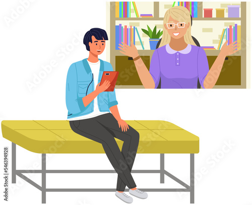 Remote comunication program for tablet. Distance chatting, internet video call concept. Guy uses app for virtual communication, teamwork. Man during video meeting, online business conference